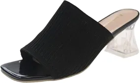 Heeled Mules for Women Square Toe Slip On Slides Chunky Block Pumps Knit Mules Summer Heels for Work Office