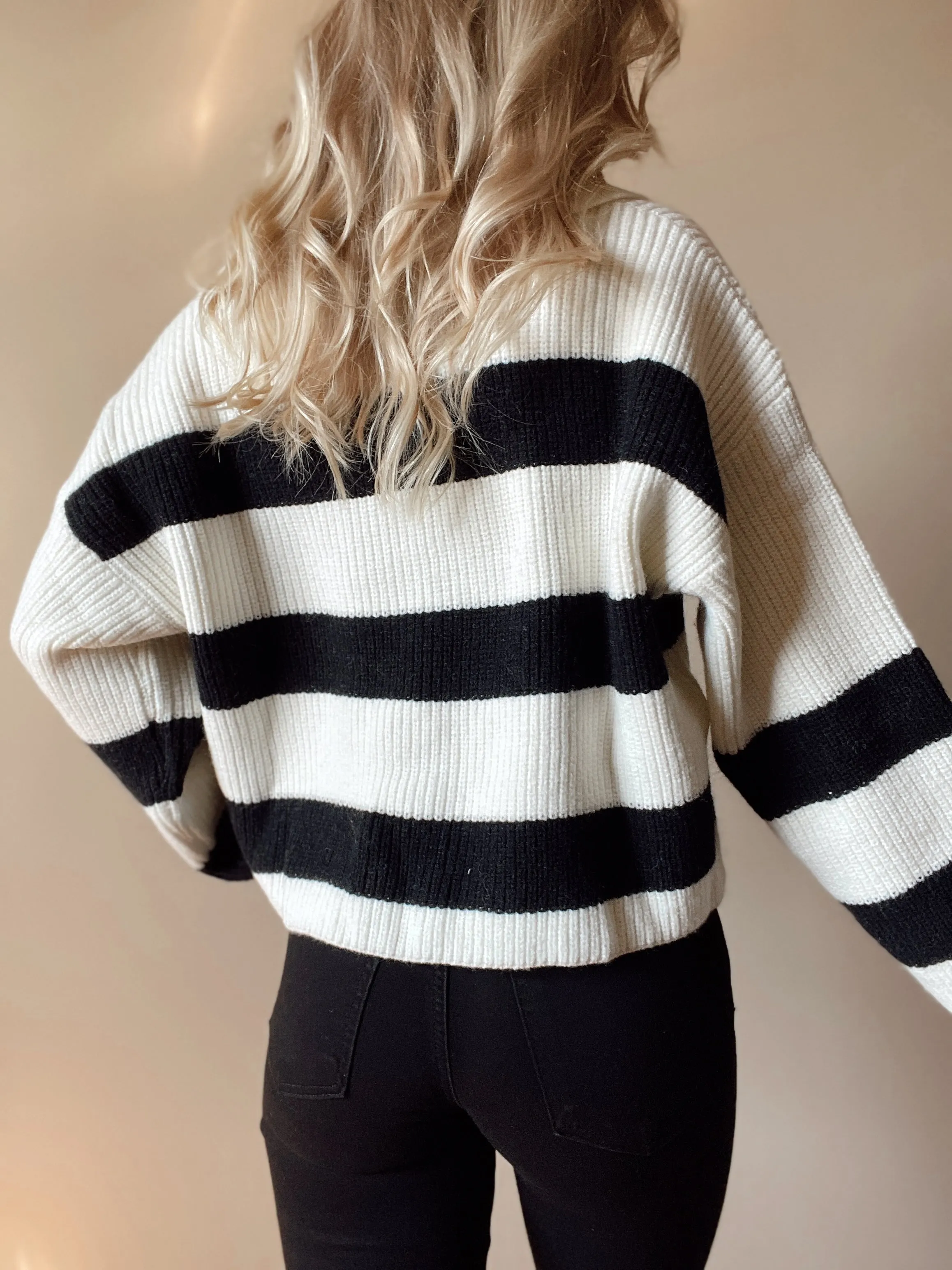 Ivory   Black Dropped Shoulder Striped Sweater with Collar