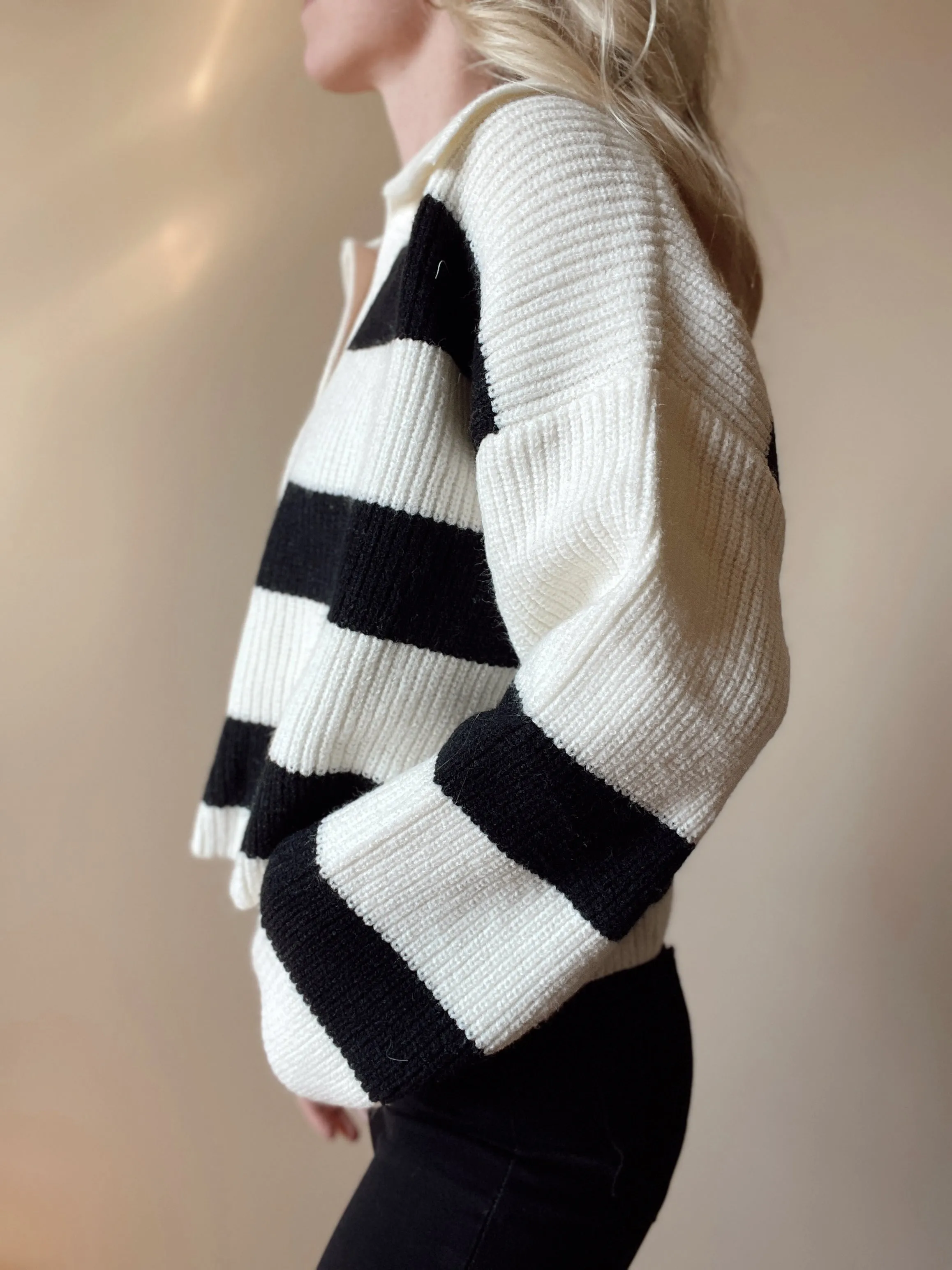 Ivory   Black Dropped Shoulder Striped Sweater with Collar