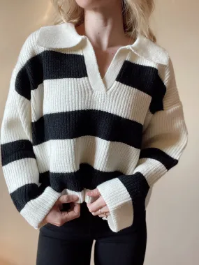 Ivory   Black Dropped Shoulder Striped Sweater with Collar