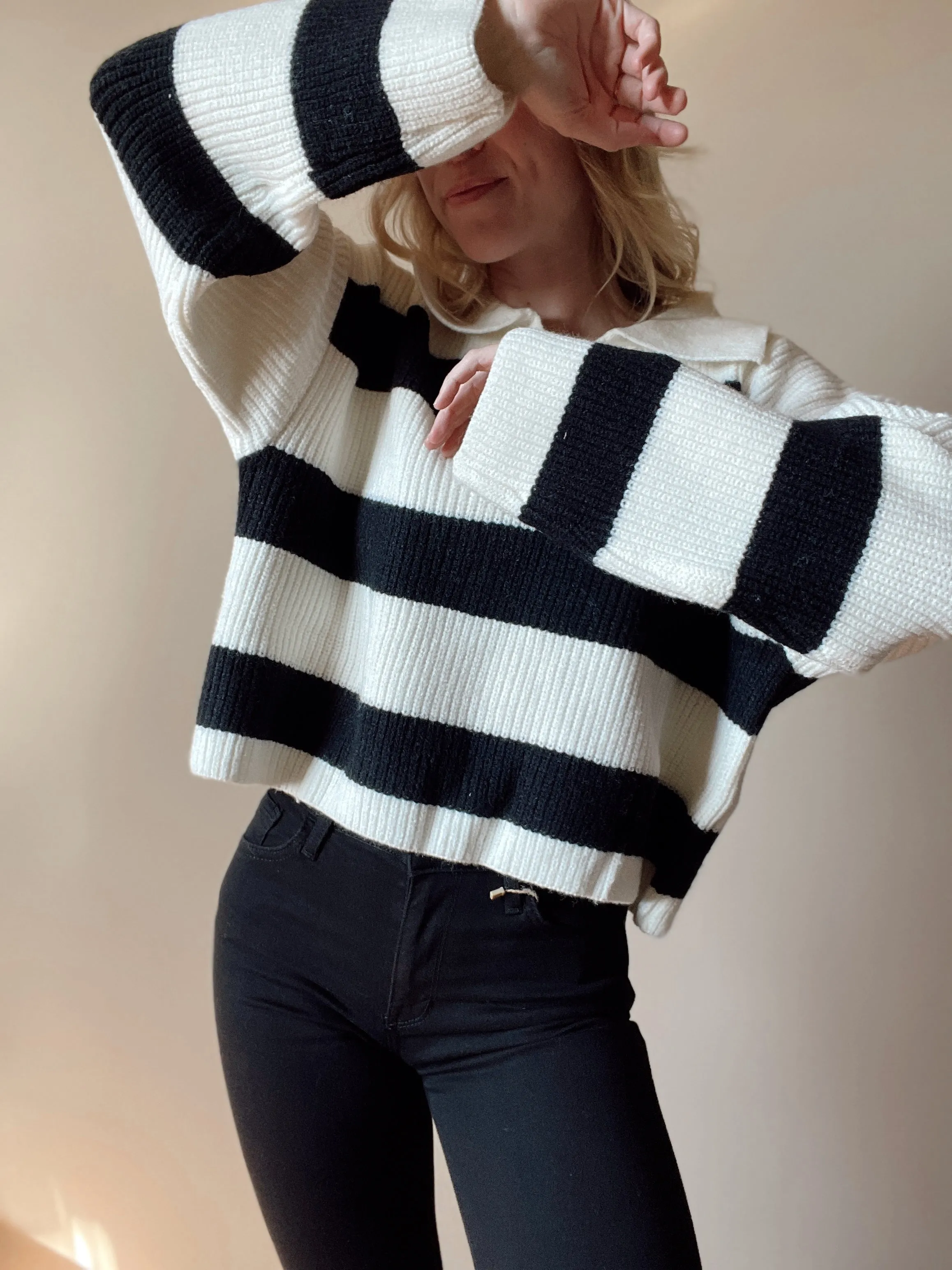 Ivory   Black Dropped Shoulder Striped Sweater with Collar