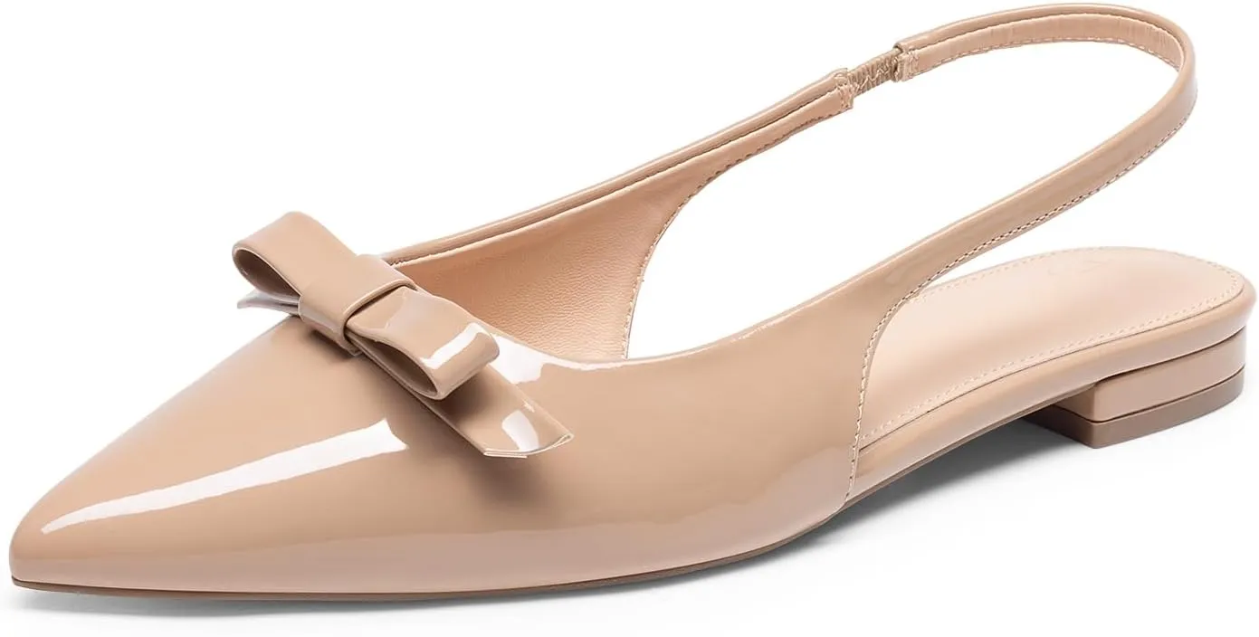 JustFab Women's Slingback Flats Pointed Toe Low Heel Sandals with Bow Fashion Dress Shoes for Women
