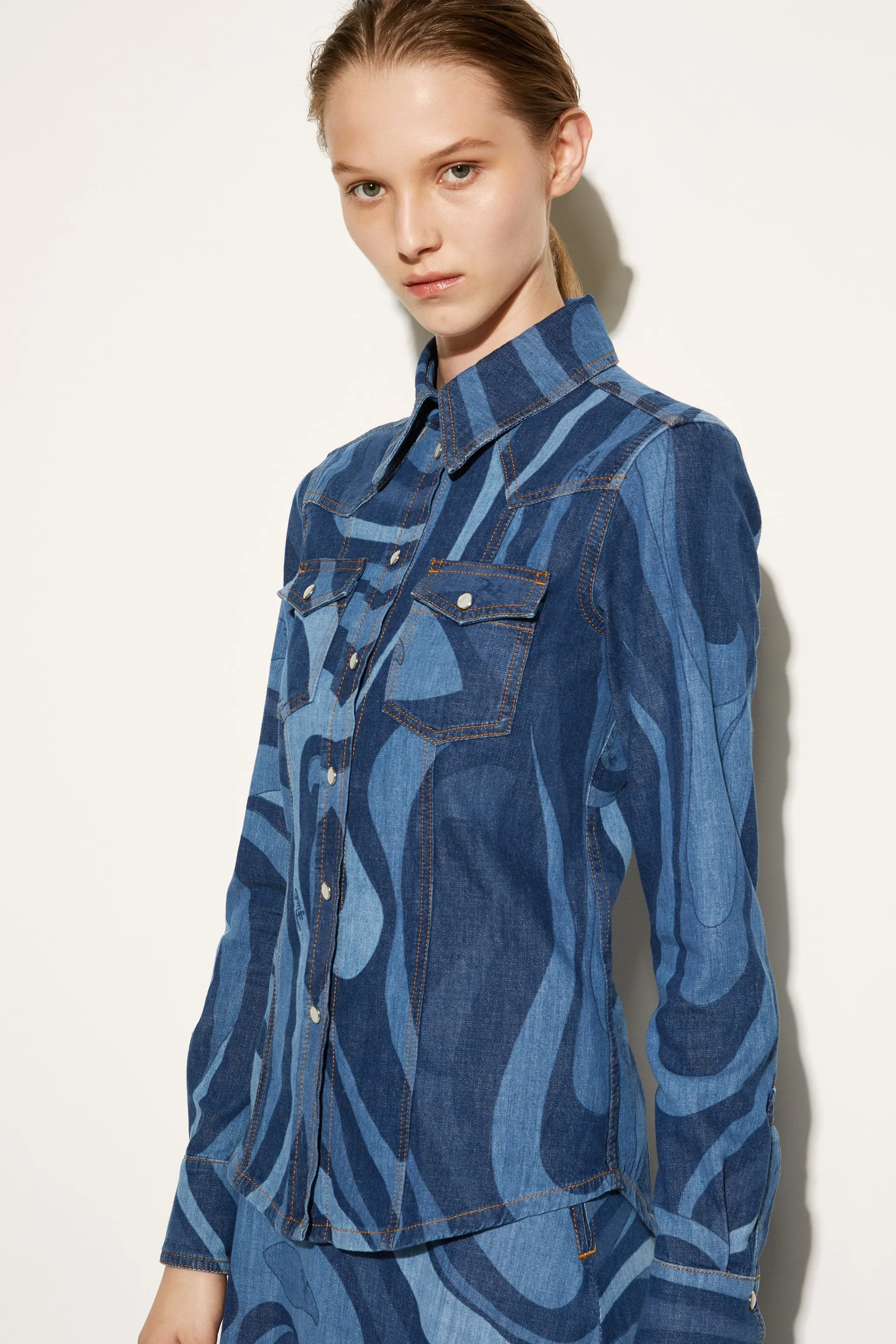 Marmo-Print Denim Shirt