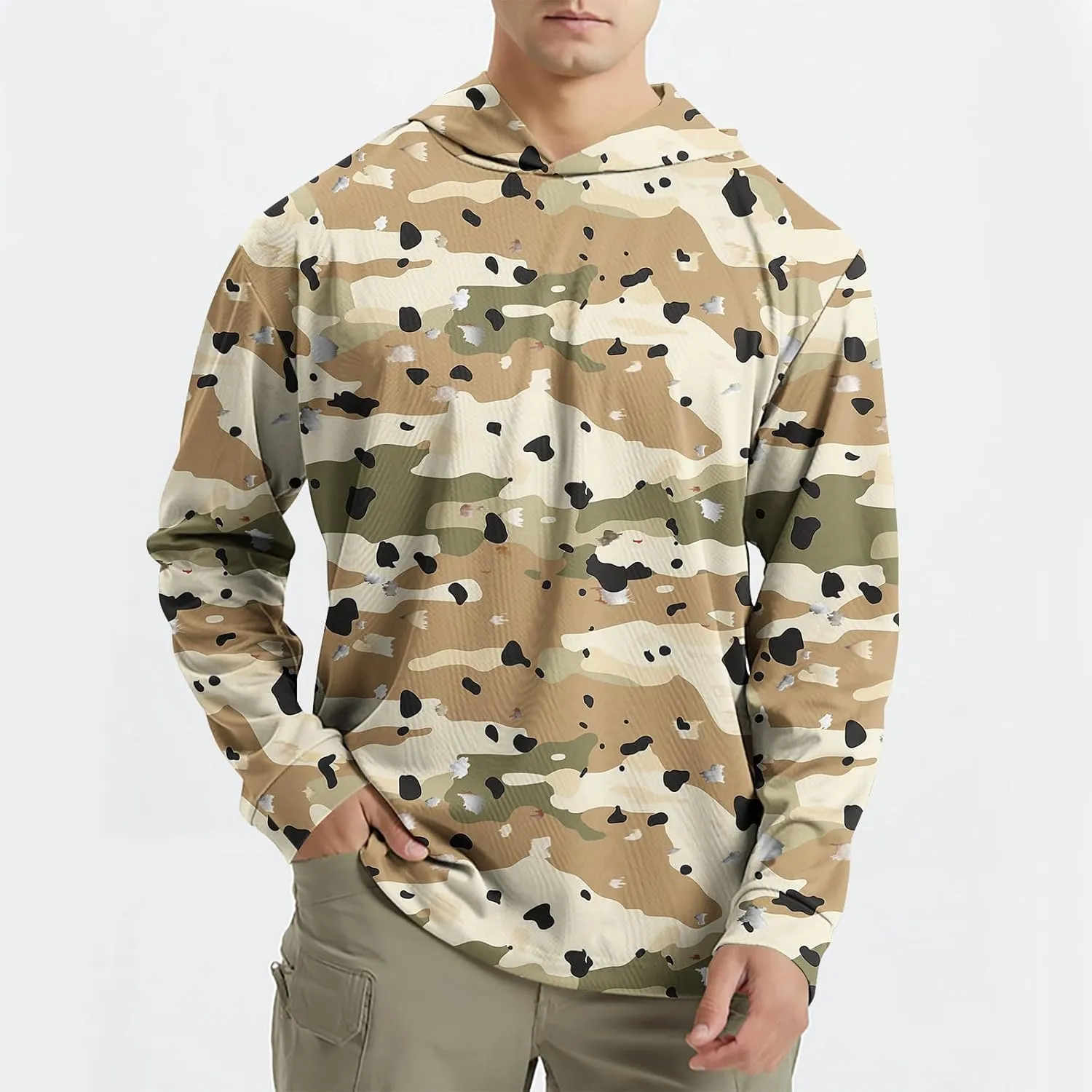 Mens Camo Hooded Sun Shirts UV Protection Long Sleeve Hoodie Quick Dry Outdoor Tactical Military Style Clothing