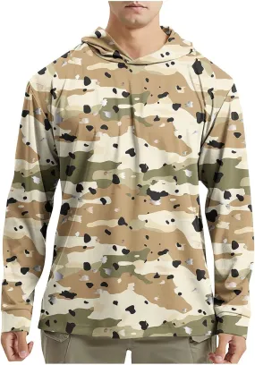 Mens Camo Hooded Sun Shirts UV Protection Long Sleeve Hoodie Quick Dry Outdoor Tactical Military Style Clothing
