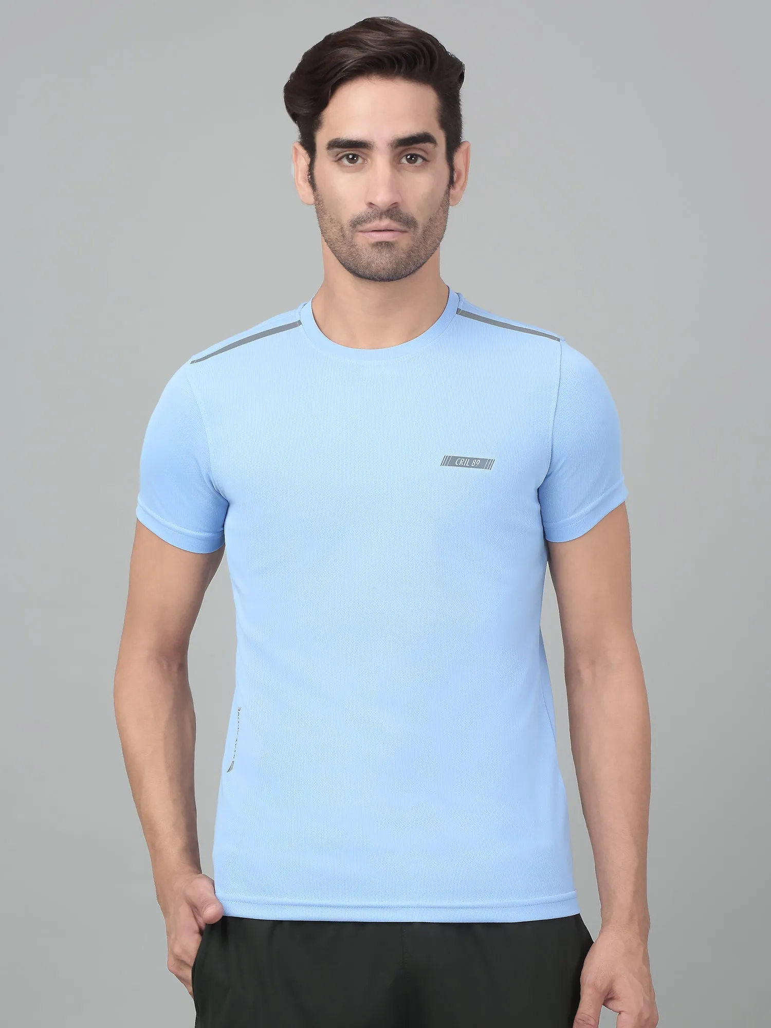 Men's Sky Blue Round neck Half Sleeve T-Shirt with reflective prints