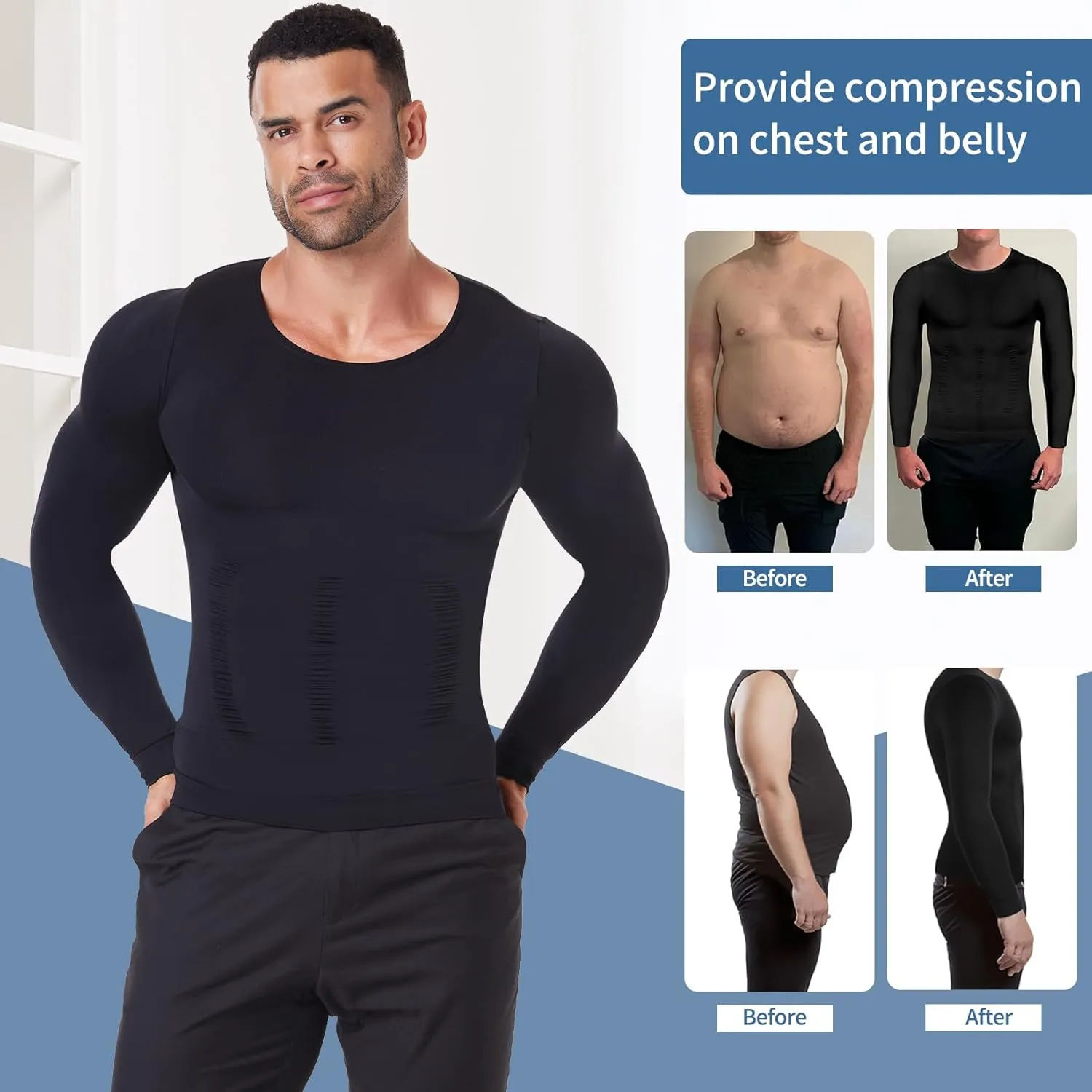 MISS MOLY Gynecomastia Compression Shirts for Men Long Sleeve Slimming Body Shaper Tummy Control Shapewear Undershirt