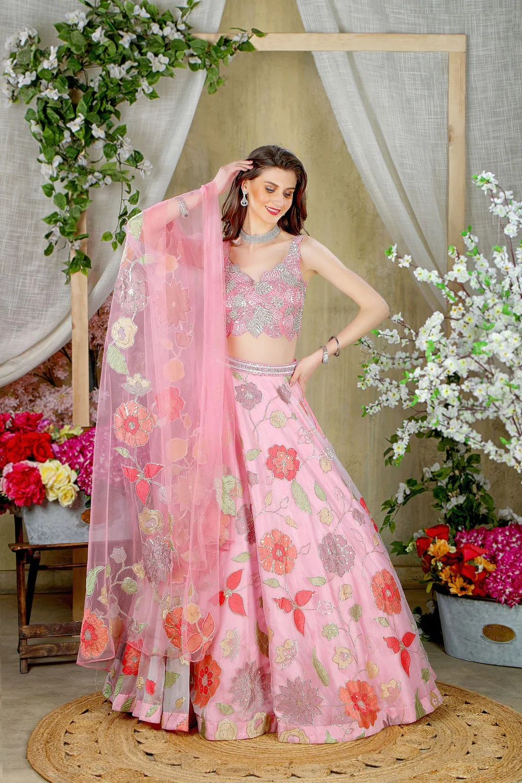 Pink embroidered top with skirt and stylish Dupatta