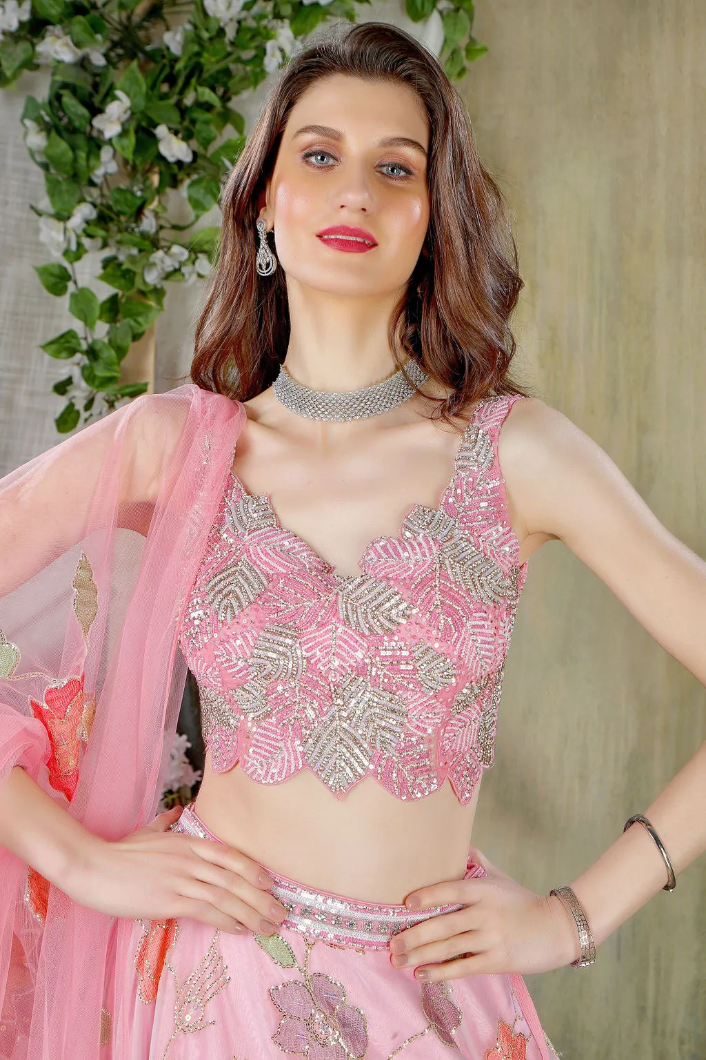 Pink embroidered top with skirt and stylish Dupatta