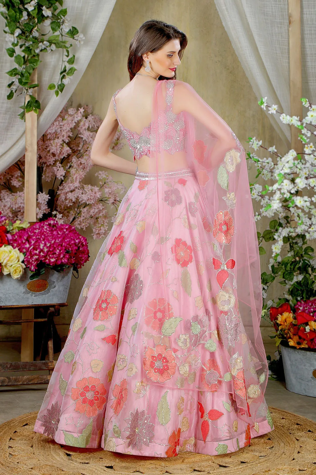 Pink embroidered top with skirt and stylish Dupatta