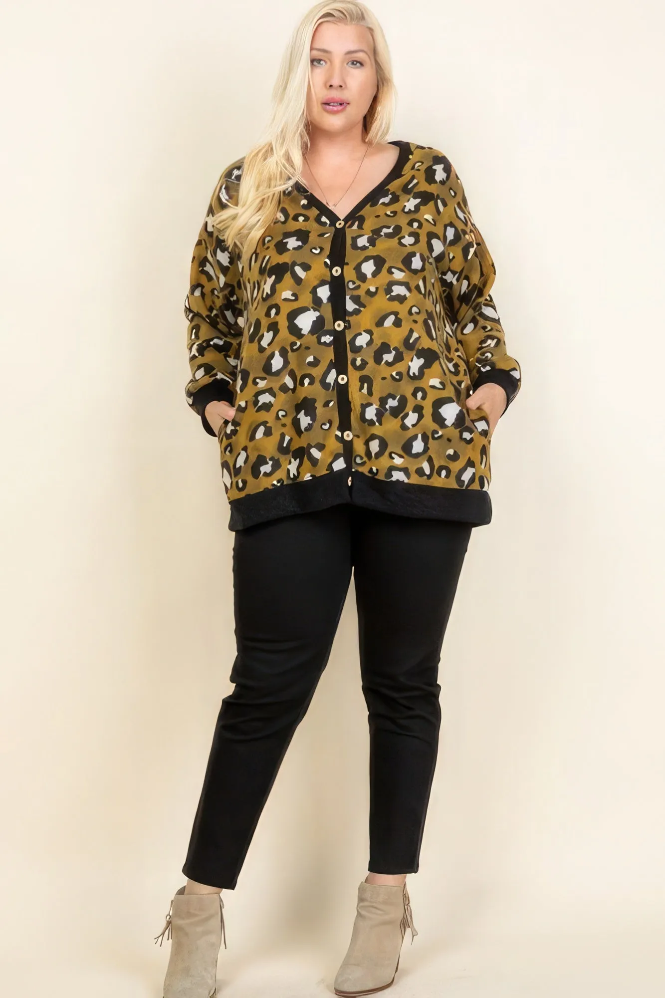Plus Size Women Cozy Animal Mir Print With Brush Button Up Cardigan