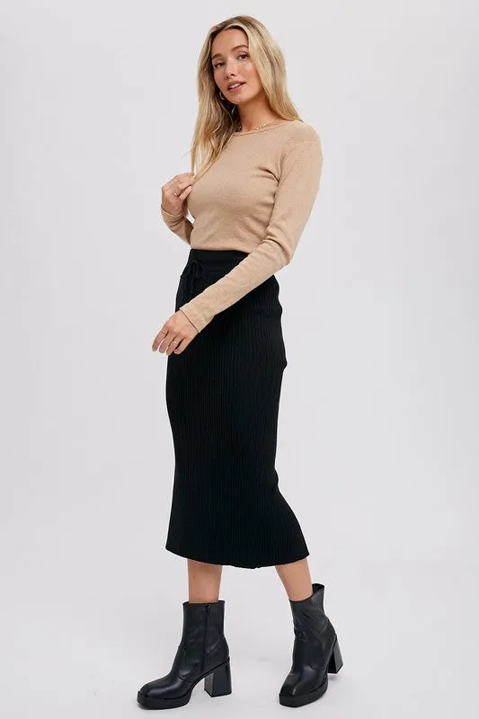 Ribbed Knit Midi Skirt Black