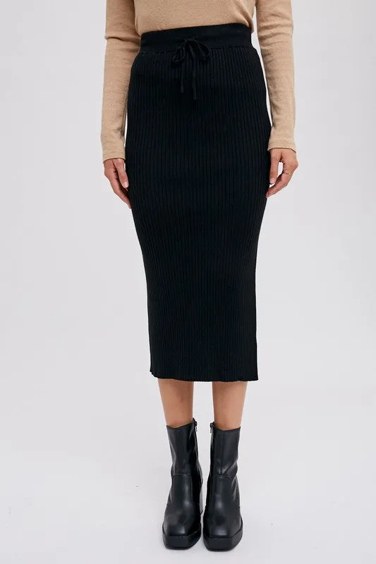 Ribbed Knit Midi Skirt Black