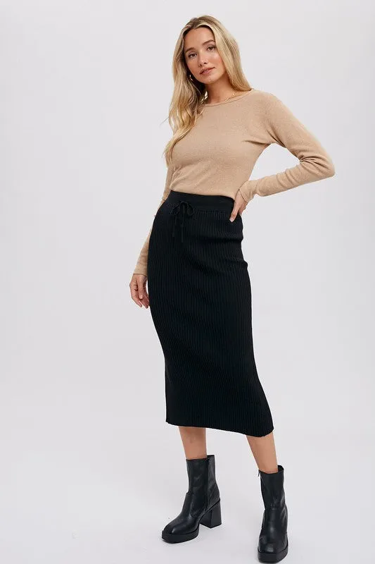 Ribbed Knit Midi Skirt Black