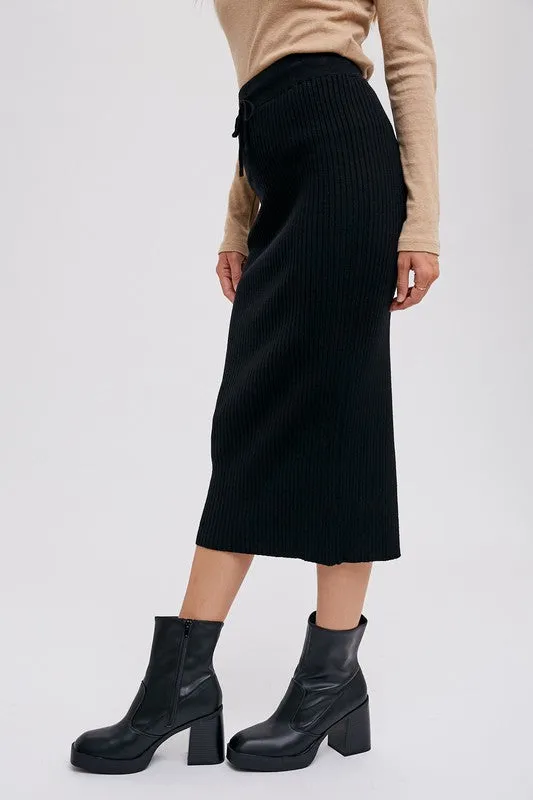 Ribbed Knit Midi Skirt Black