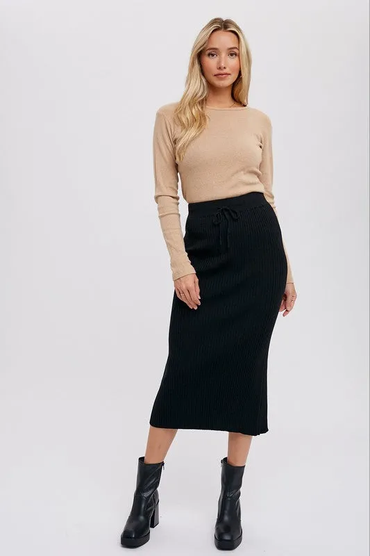 Ribbed Knit Midi Skirt Black