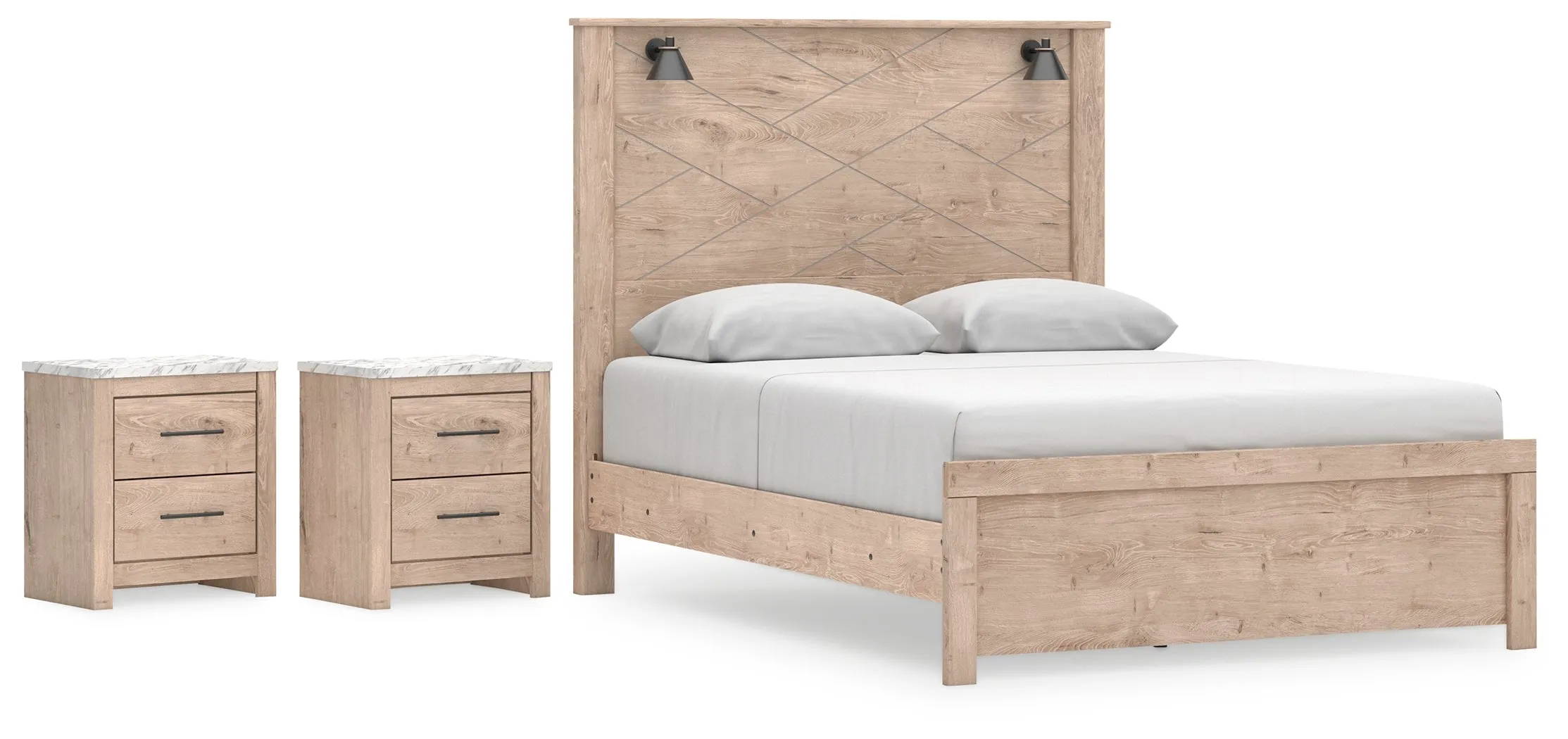 Senniberg Queen Panel Bed with 2 Nightstands in Light Brown/White