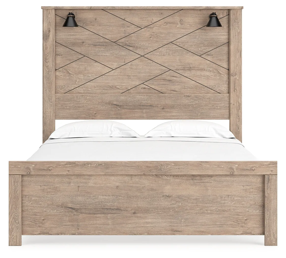 Senniberg Queen Panel Bed with 2 Nightstands in Light Brown/White