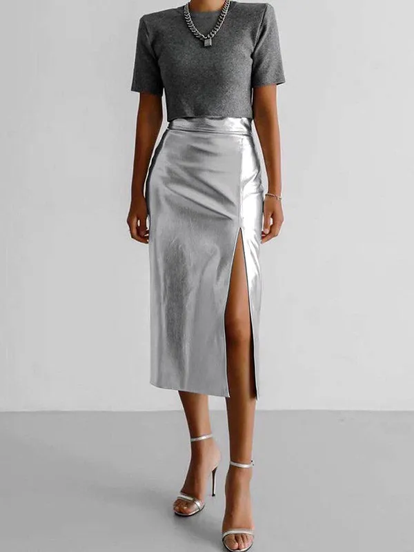 Shiny Solid Color Split-side A-line Skirts Bottoms