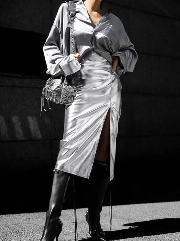 Shiny Solid Color Split-side A-line Skirts Bottoms