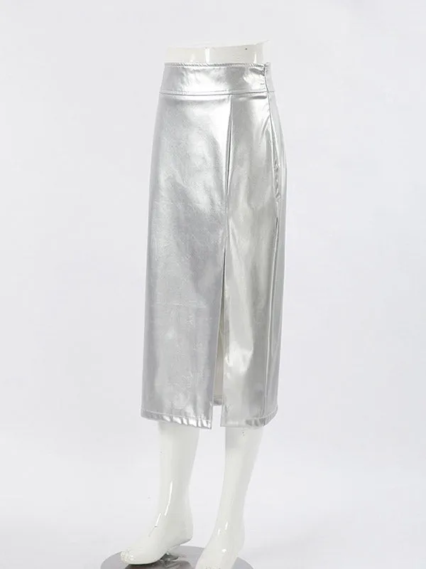 Shiny Solid Color Split-side A-line Skirts Bottoms