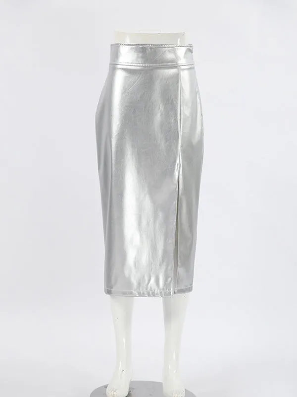 Shiny Solid Color Split-side A-line Skirts Bottoms