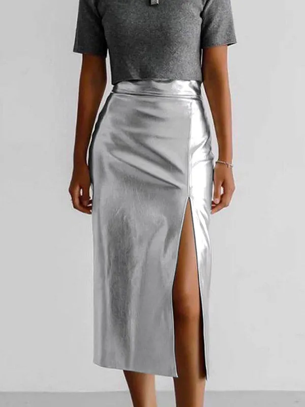 Shiny Solid Color Split-side A-line Skirts Bottoms