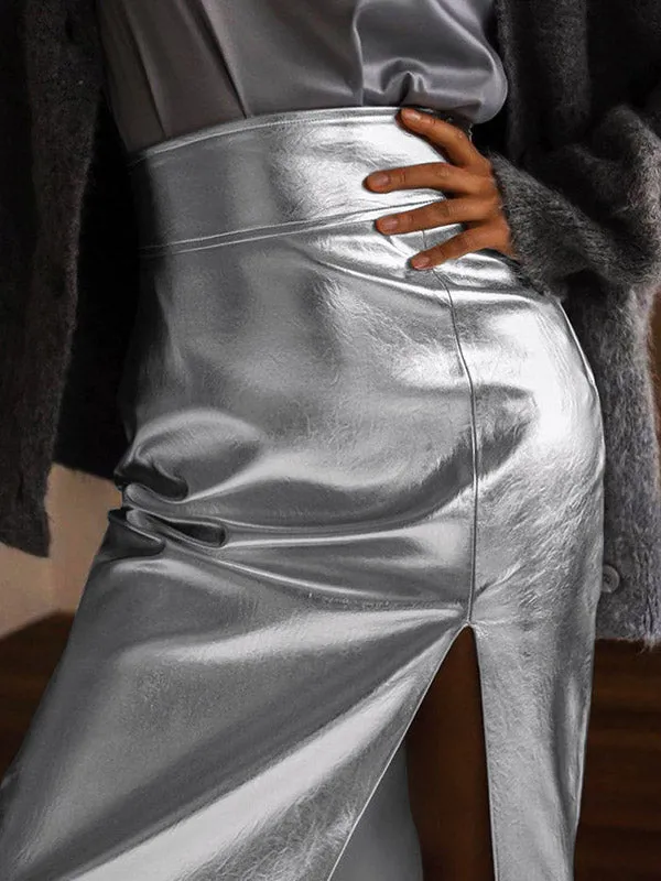 Shiny Solid Color Split-side A-line Skirts Bottoms