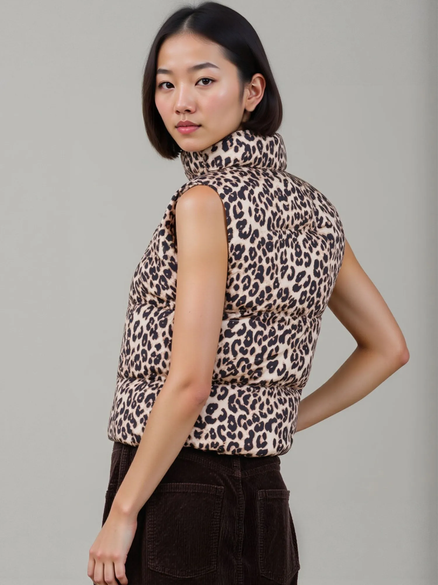 Sleeveless Leopard Puffer Vest