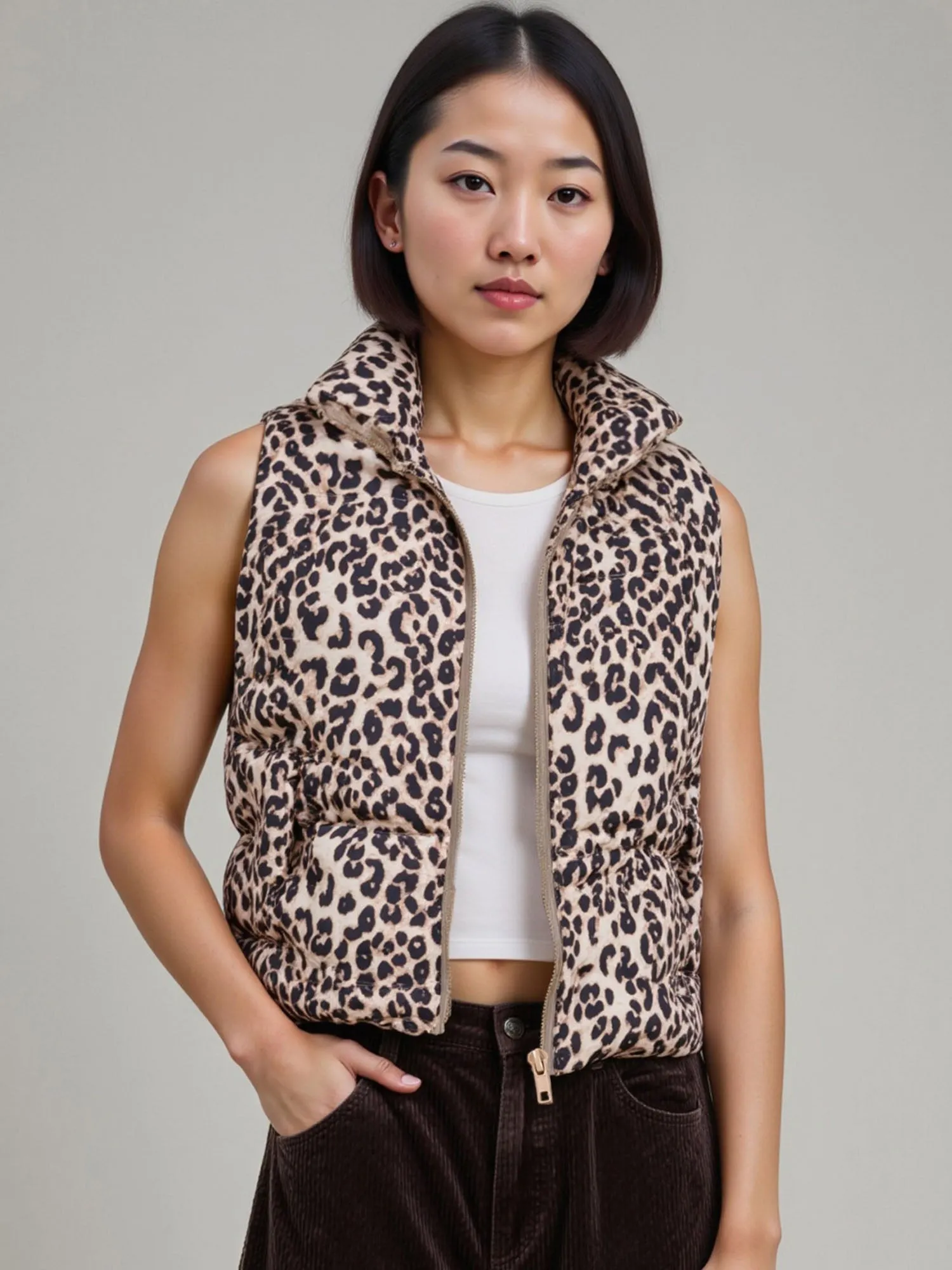 Sleeveless Leopard Puffer Vest