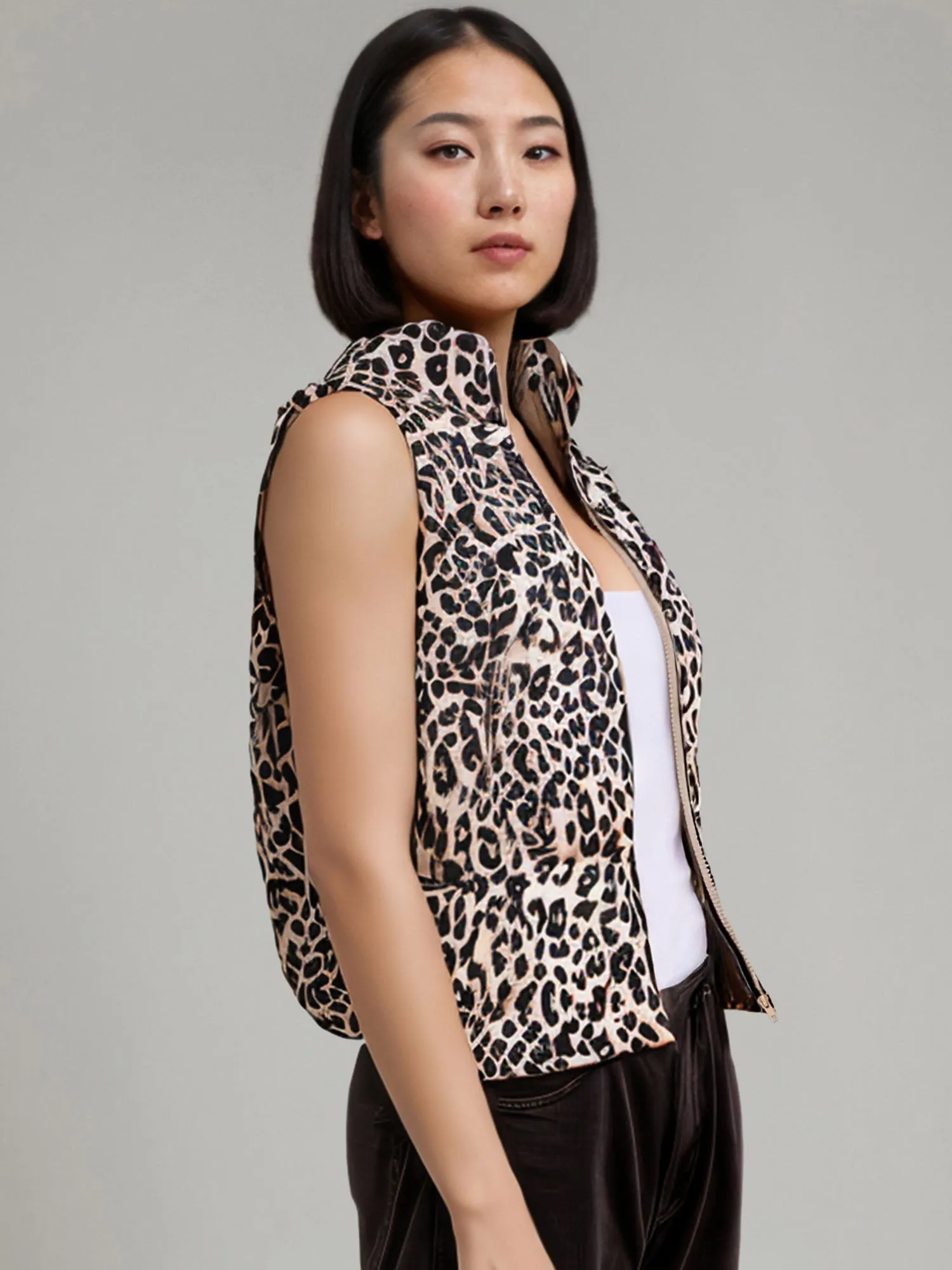 Sleeveless Leopard Puffer Vest