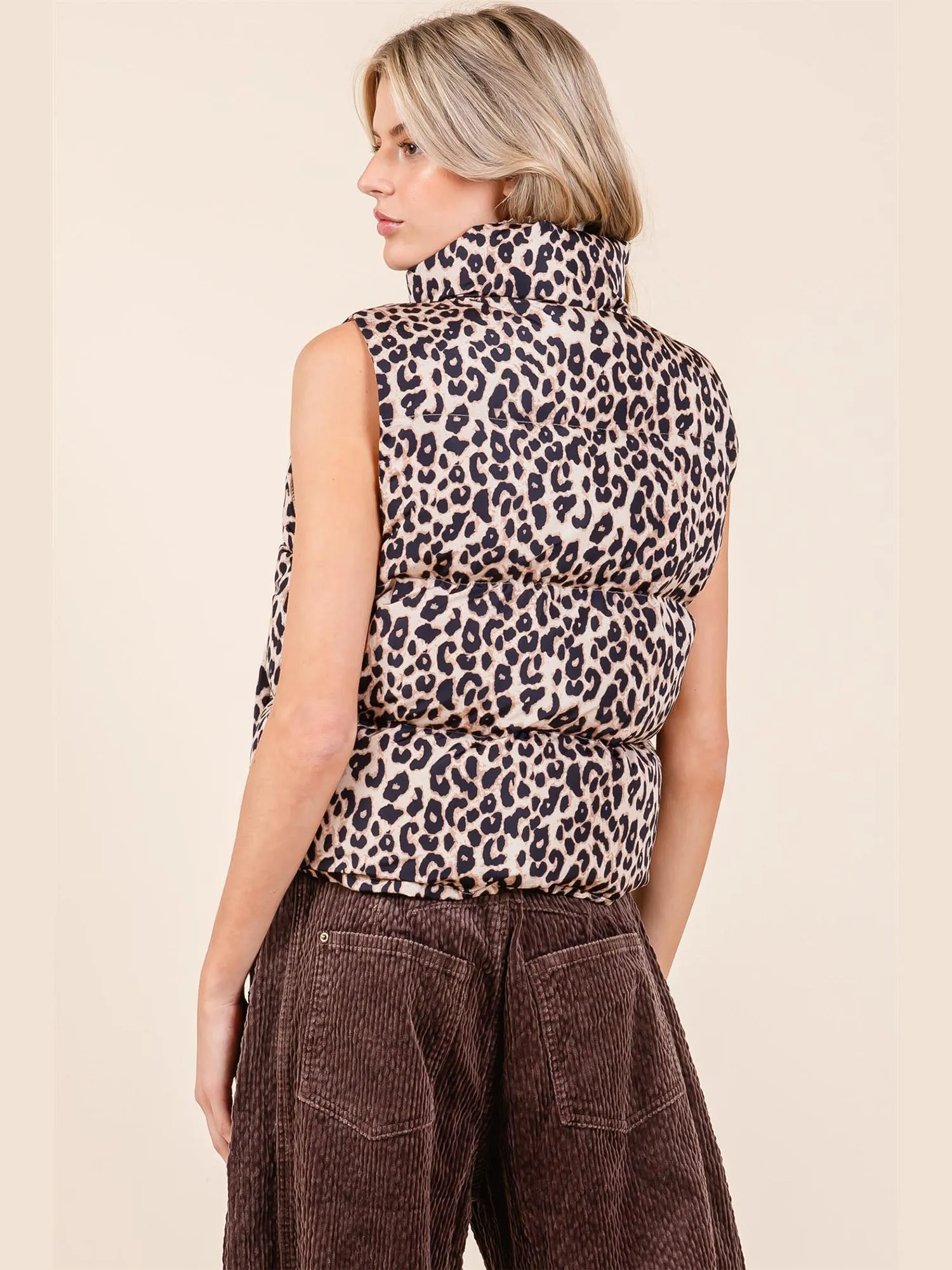 Sleeveless Leopard Puffer Vest
