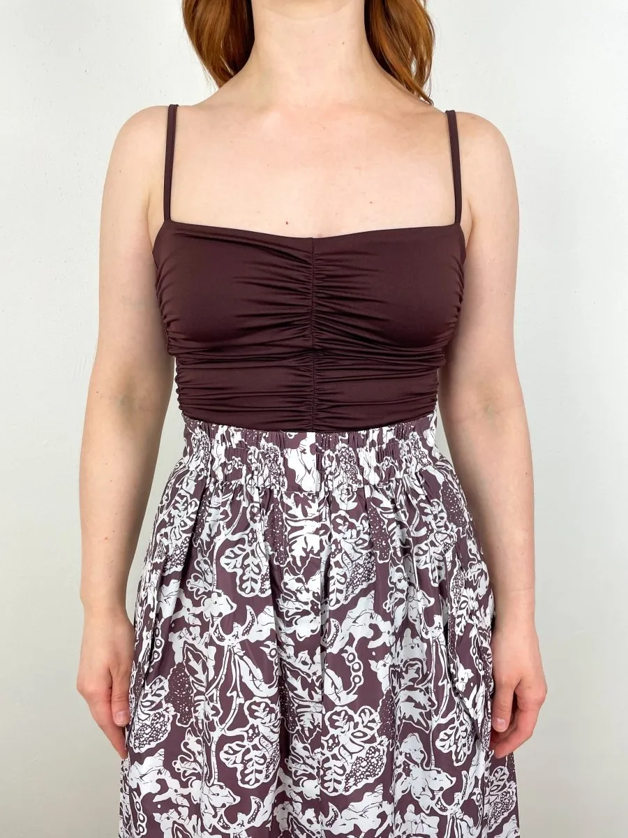 Stretch Light Weight Tech Knit Shirred Cami in Brown