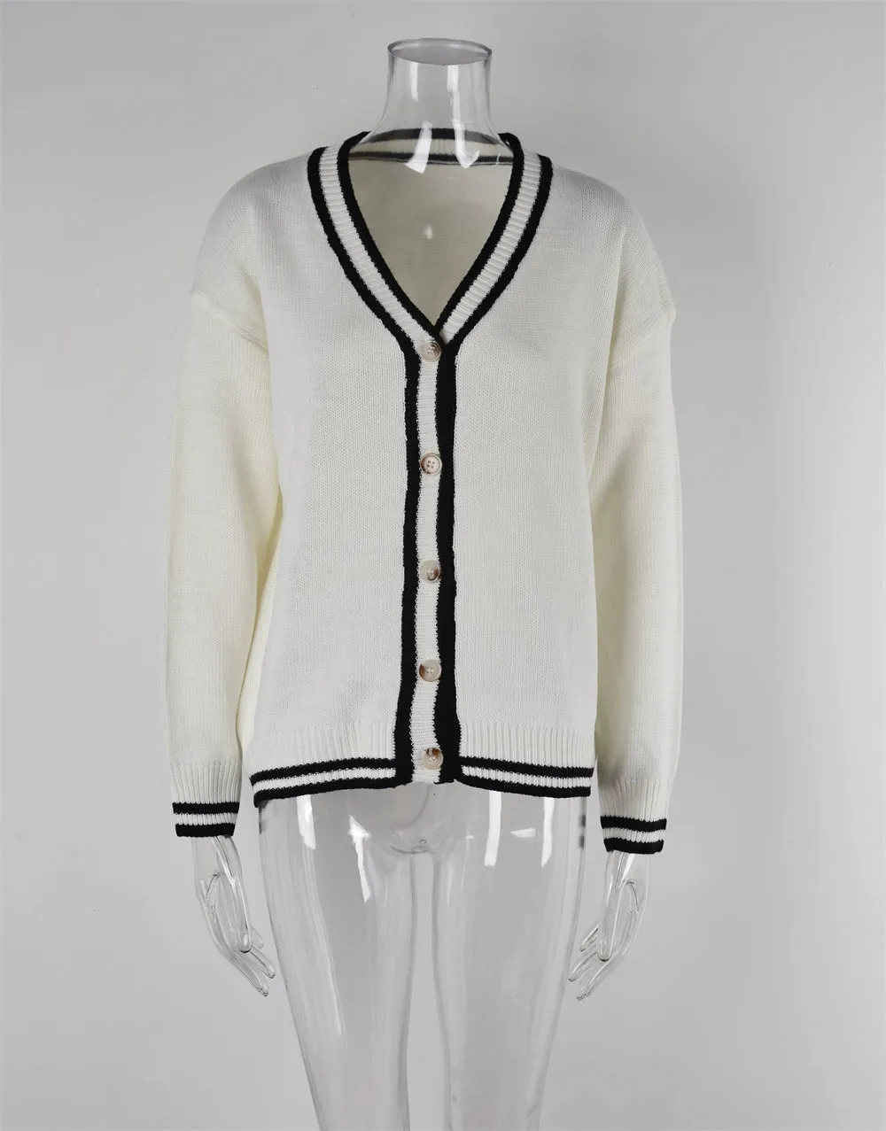 Two Tones Contrast Knitted Button-Up Cardigan