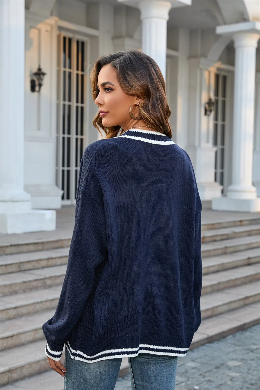 Two Tones Contrast Knitted Button-Up Cardigan