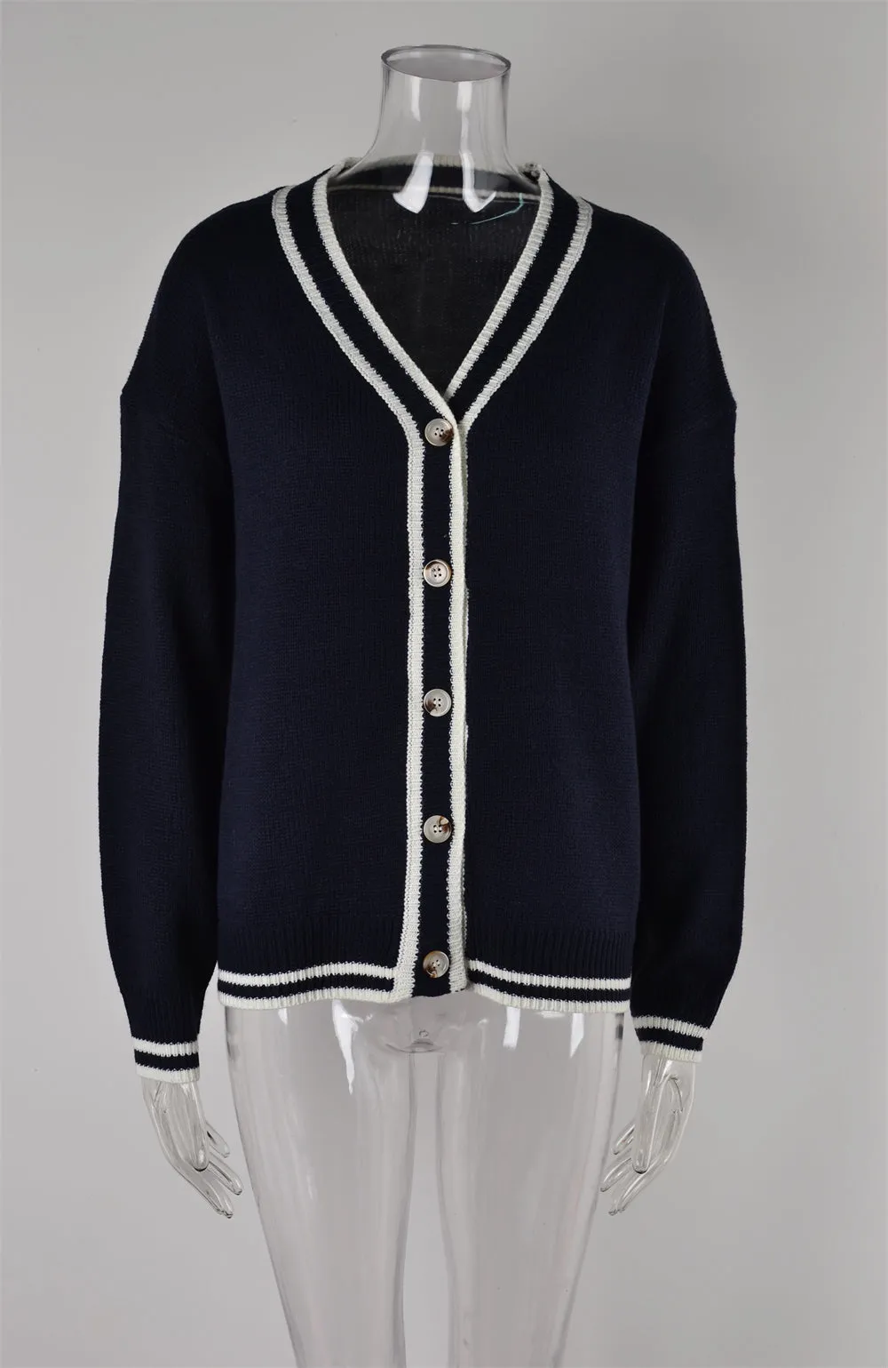 Two Tones Contrast Knitted Button-Up Cardigan