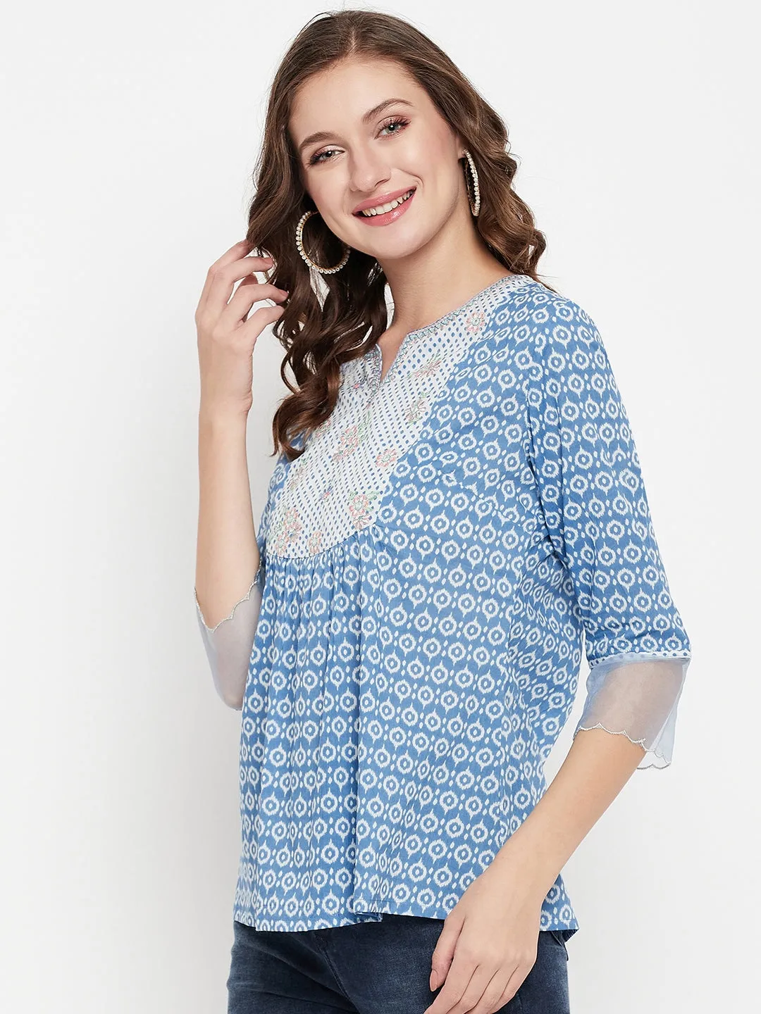 Women's Casual  Blue Geometric Print Round neck Tunic