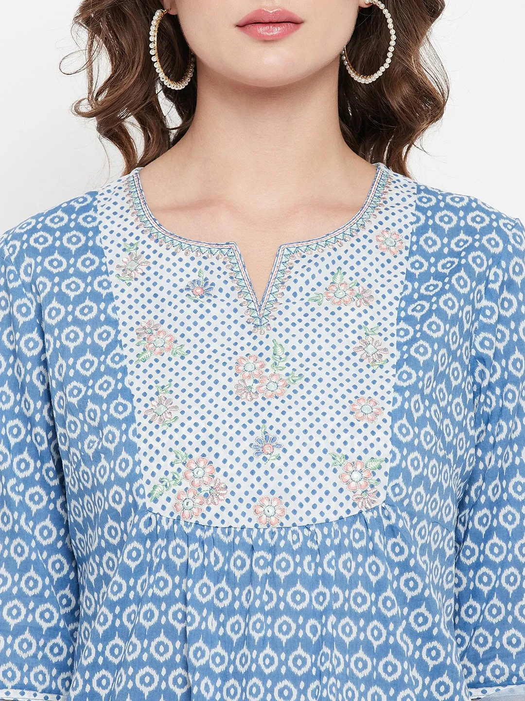 Women's Casual  Blue Geometric Print Round neck Tunic