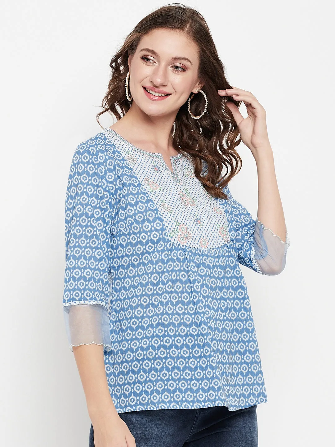 Women's Casual  Blue Geometric Print Round neck Tunic