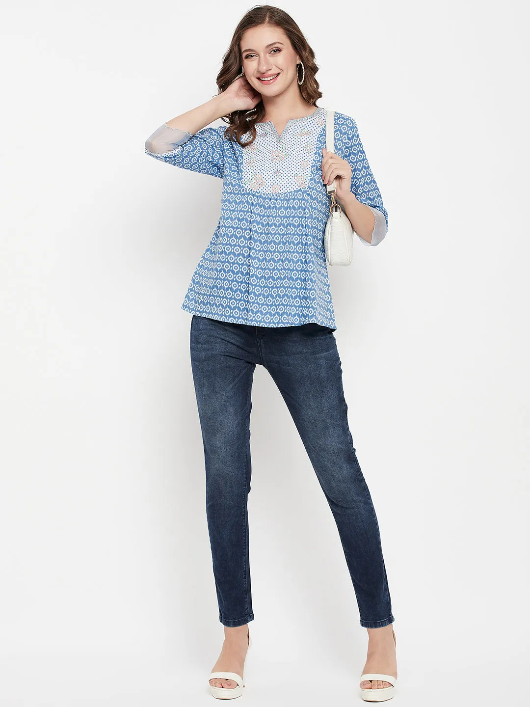 Women's Casual  Blue Geometric Print Round neck Tunic