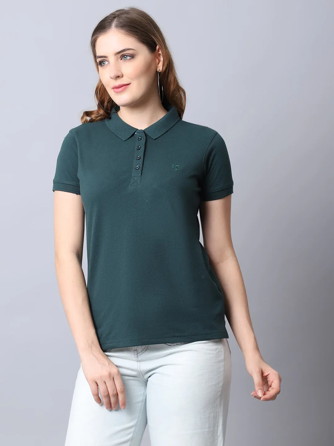 Women's Casual Regular Short Sleeve Bottle Green Polo neck  T-Shirt