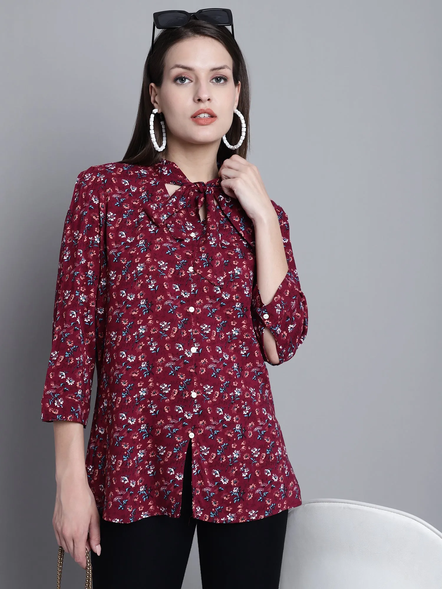 Women's Casual  Wine Floral Print Tie neck Top