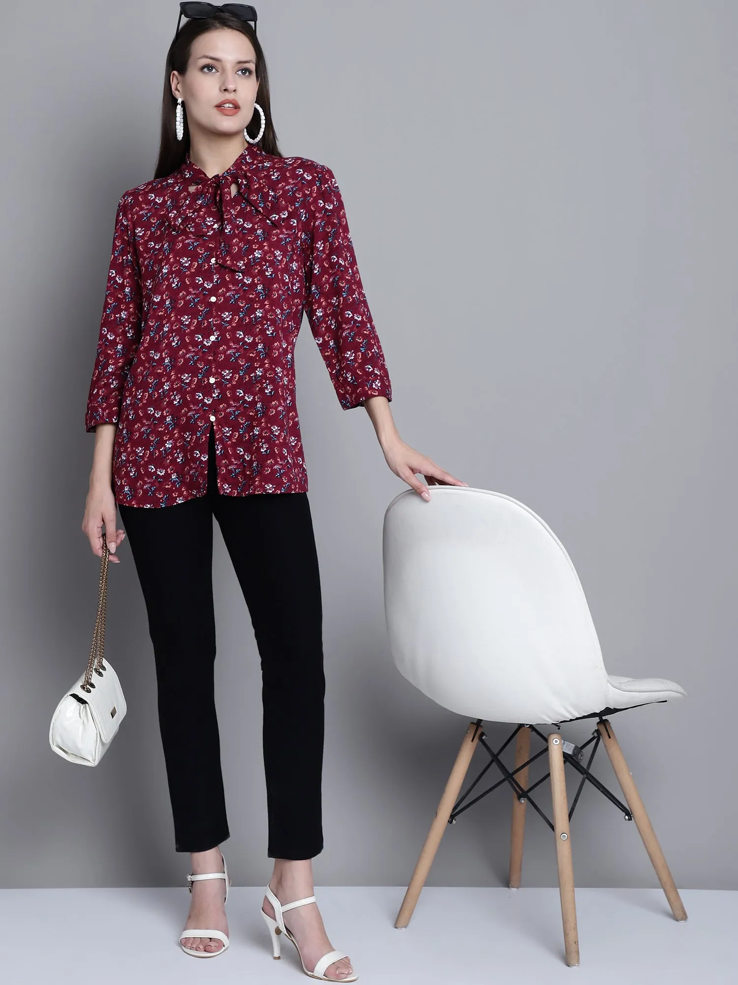 Women's Casual  Wine Floral Print Tie neck Top