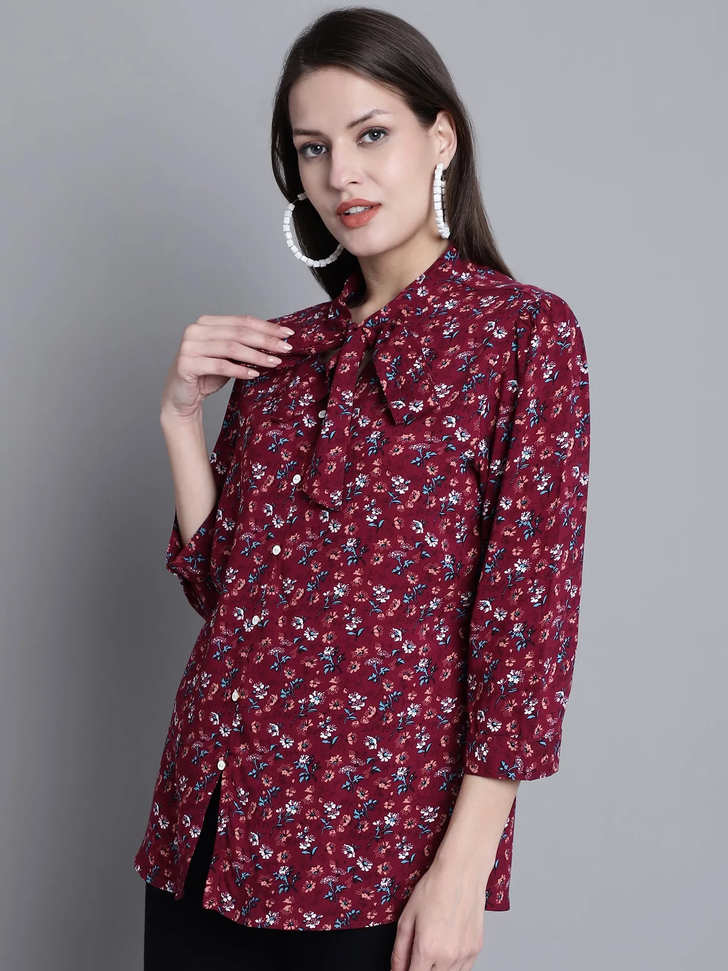 Women's Casual  Wine Floral Print Tie neck Top