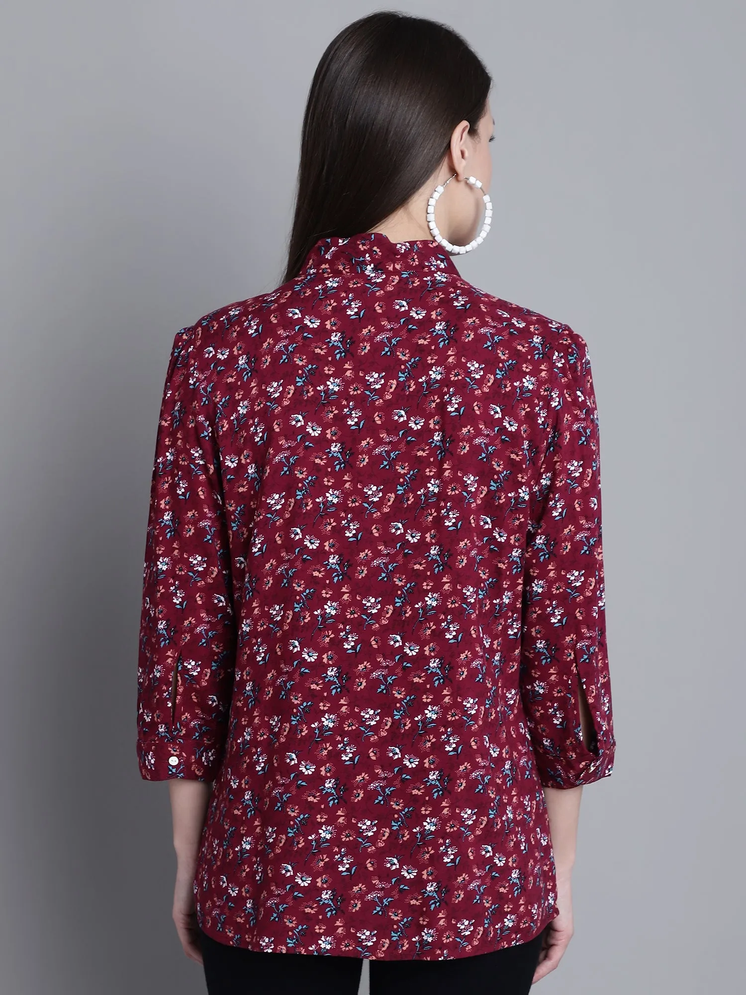 Women's Casual  Wine Floral Print Tie neck Top