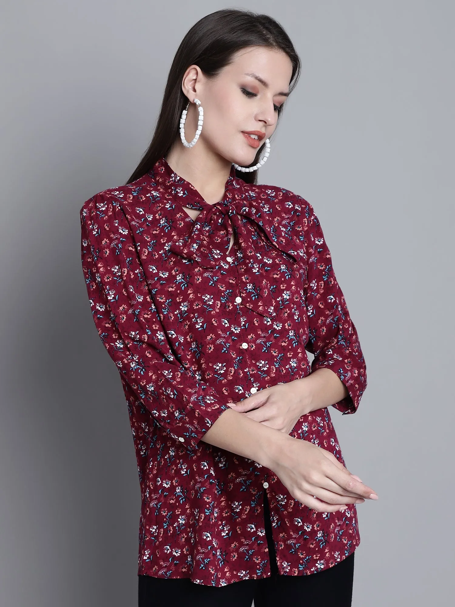 Women's Casual  Wine Floral Print Tie neck Top
