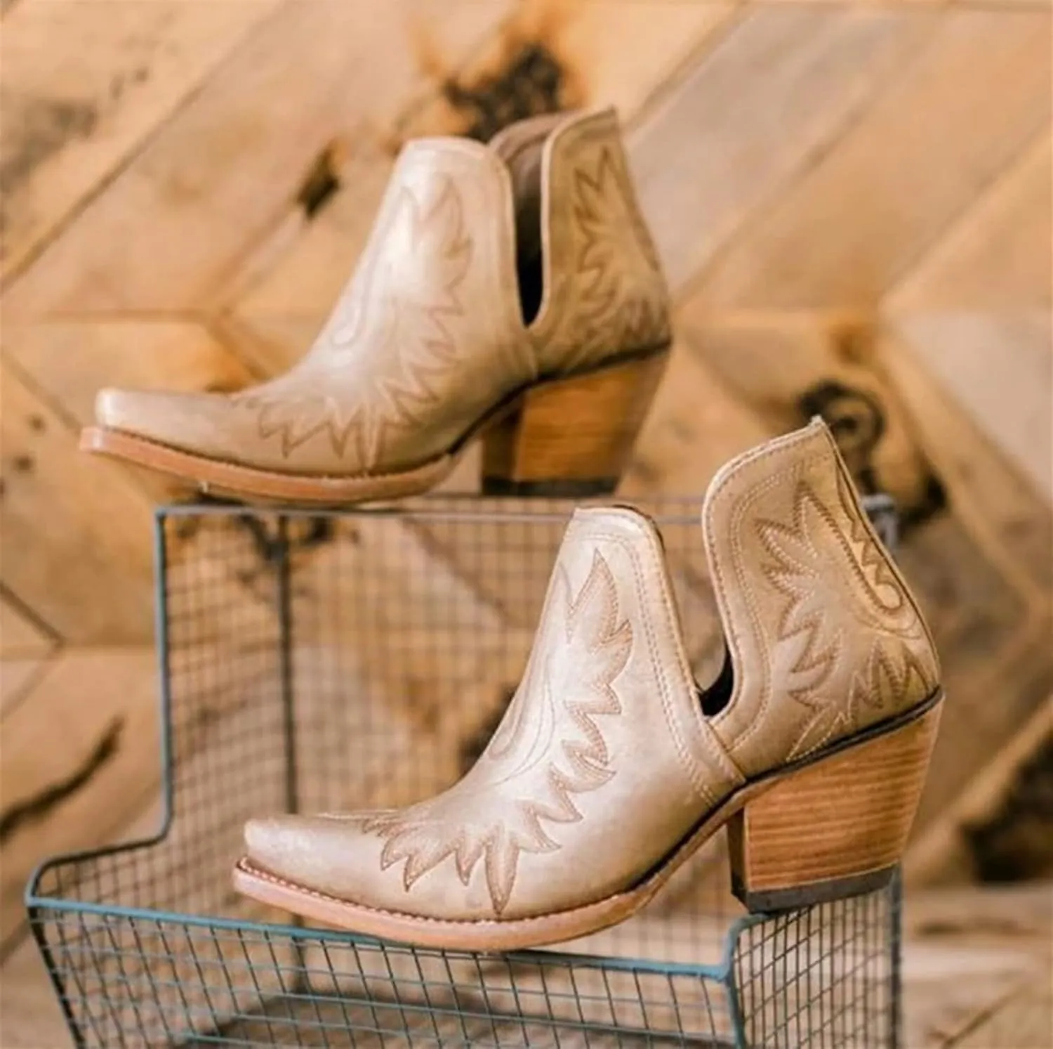 Womens Chelsea Boots Fashion Floral Short Ankle Chunky Stacked Low Heel Slip On V Cut Back Western Rodeo Cowboy Square Toe Work Boots