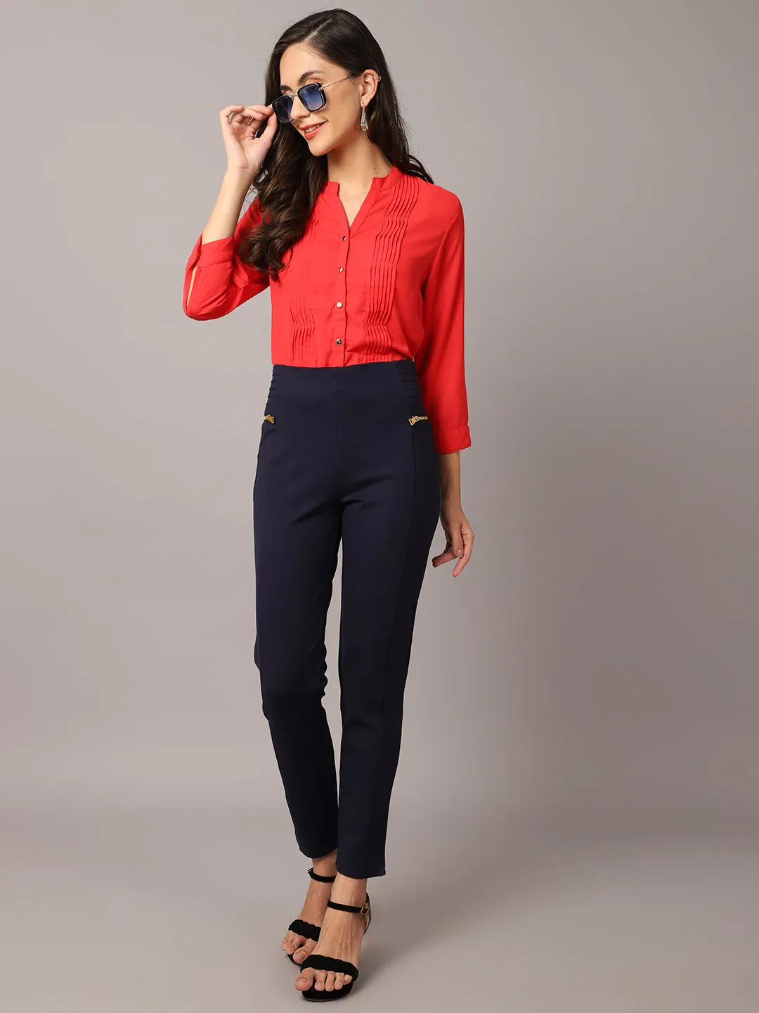 Women's  Flat Front Navy Blue  High rise Jeggings