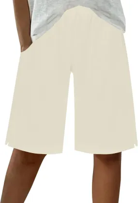 Women's Linen Bermuda Shorts Loose Fit Elastic Waist Drawstring Wide Leg Shorts Summer Casual Beach Outfits with Pocket