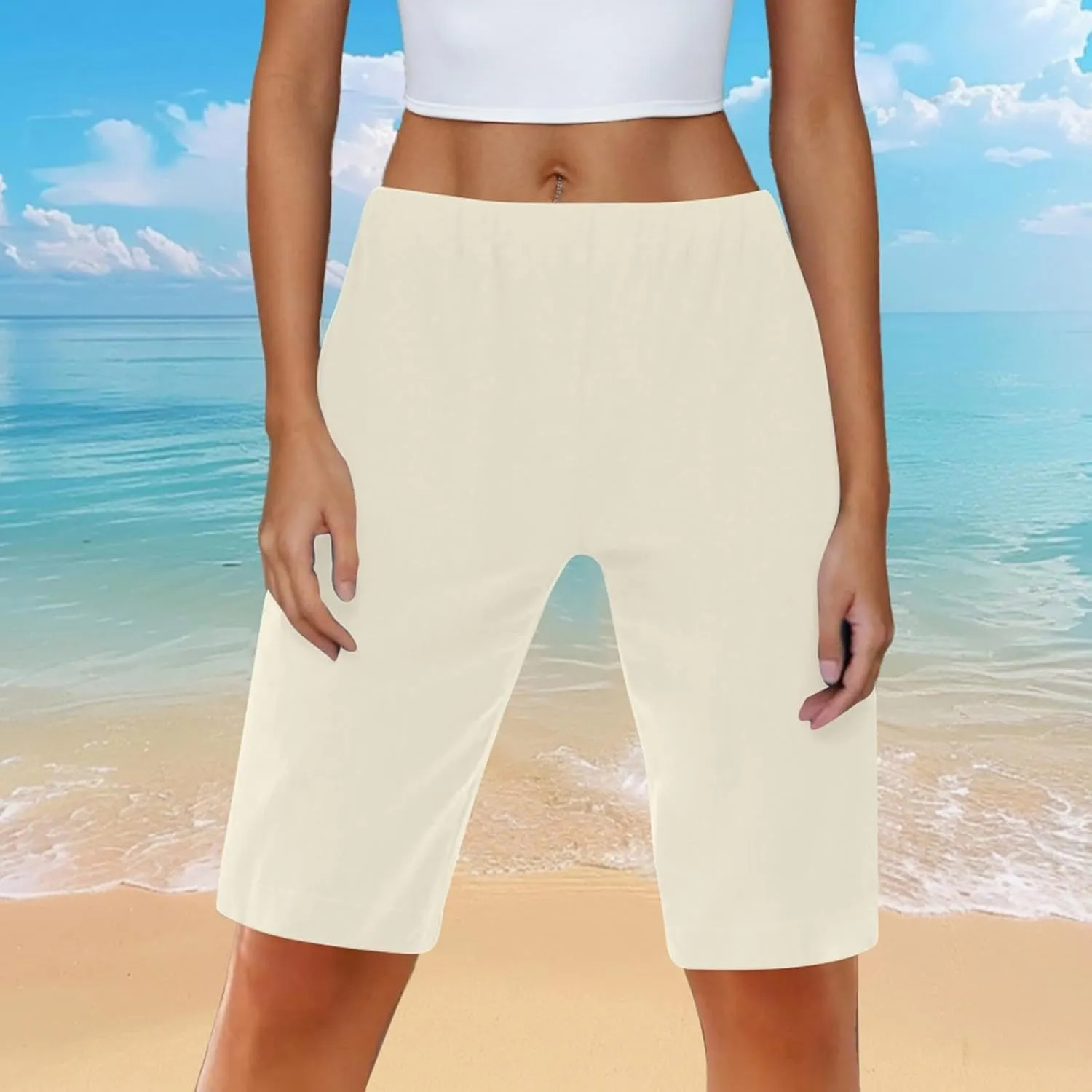 Women's Linen Bermuda Shorts Loose Fit Elastic Waist Drawstring Wide Leg Shorts Summer Casual Beach Outfits with Pocket